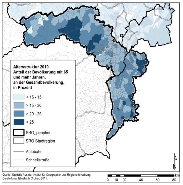 Altersstruktur 2010: Anteil der 65 und mehr Jahren an der Gesamtbevölkerung; aus SRO peripher Süd Ergebnisbericht